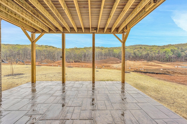 view of patio / terrace with a wooded view