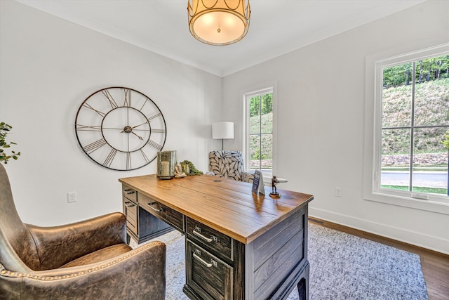 office space featuring baseboards, ornamental molding, and dark wood-type flooring
