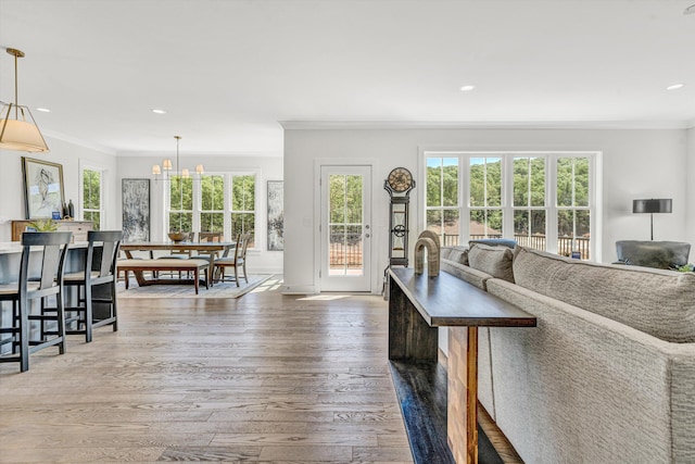 living area featuring ornamental molding, wood finished floors, and a wealth of natural light
