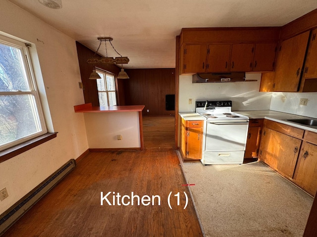 kitchen featuring sink, white electric range, baseboard heating, hanging light fixtures, and dark hardwood / wood-style floors