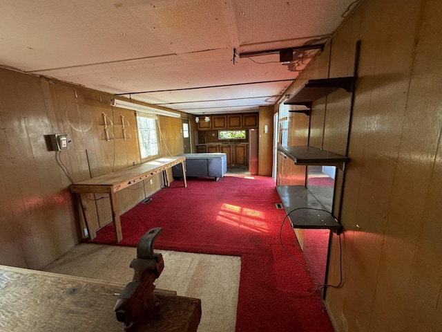 basement featuring wooden walls and carpet