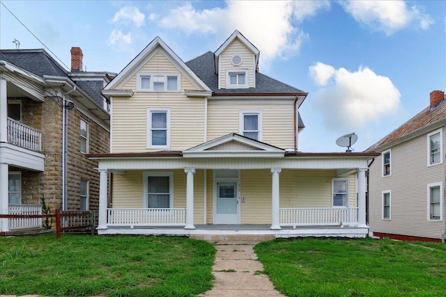 view of front of house featuring a porch and a front lawn