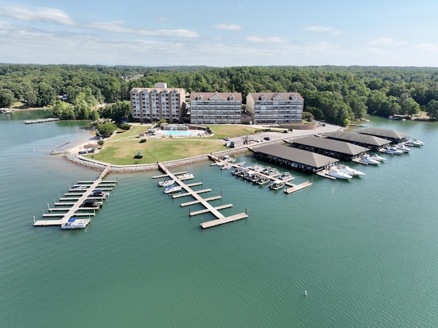 drone / aerial view with a water view and a forest view