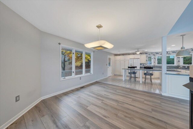 interior space with light hardwood / wood-style flooring and ceiling fan