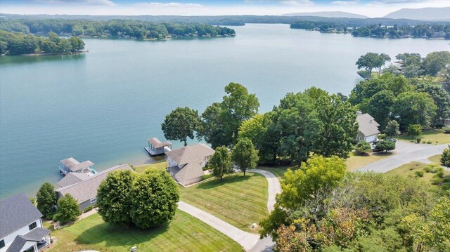 bird's eye view featuring a water and mountain view