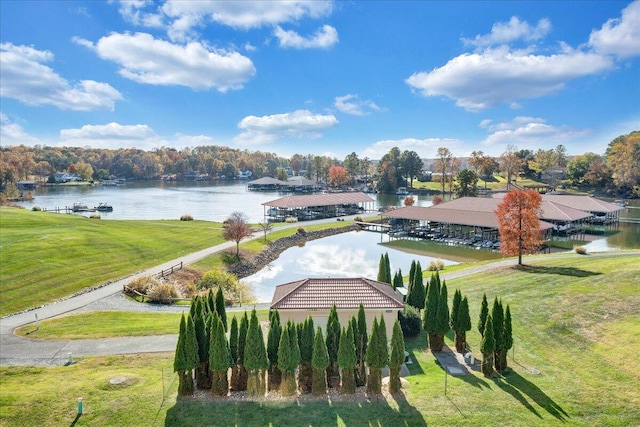 drone / aerial view featuring a water view