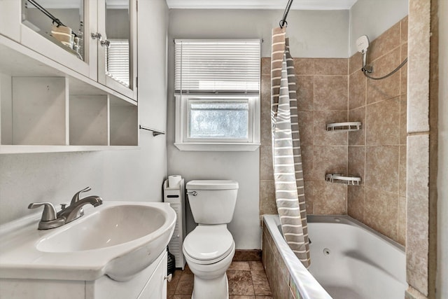 full bathroom with vanity, toilet, and shower / bath combo with shower curtain