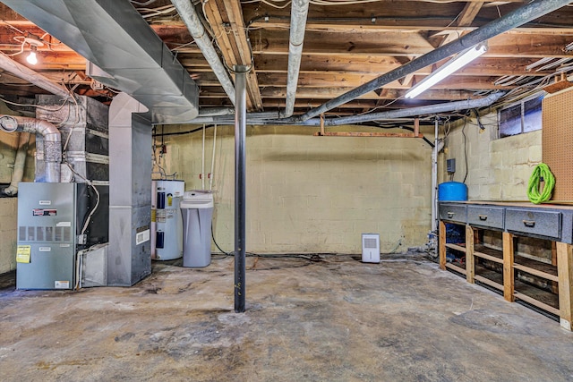 basement with heating unit and water heater