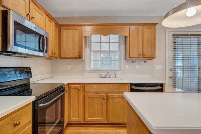 kitchen with sink, light hardwood / wood-style flooring, and black appliances