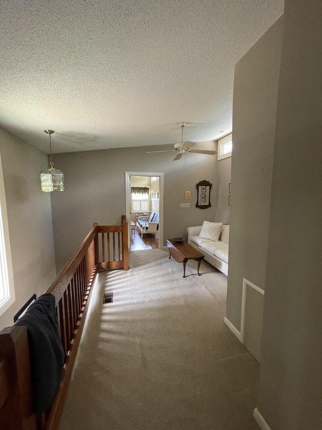 hallway featuring carpet floors and a textured ceiling