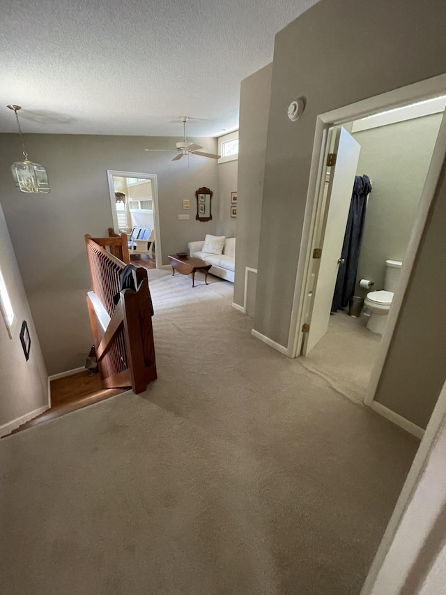 hall featuring carpet floors and a textured ceiling