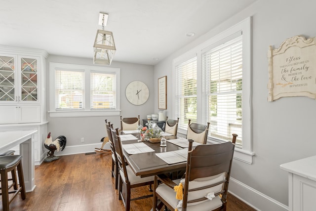 dining space featuring a healthy amount of sunlight and dark wood-type flooring