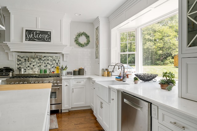 kitchen featuring appliances with stainless steel finishes, tasteful backsplash, white cabinetry, sink, and dark hardwood / wood-style flooring