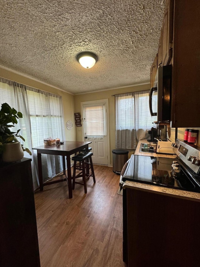 kitchen with dark wood-type flooring, ornamental molding, and a textured ceiling