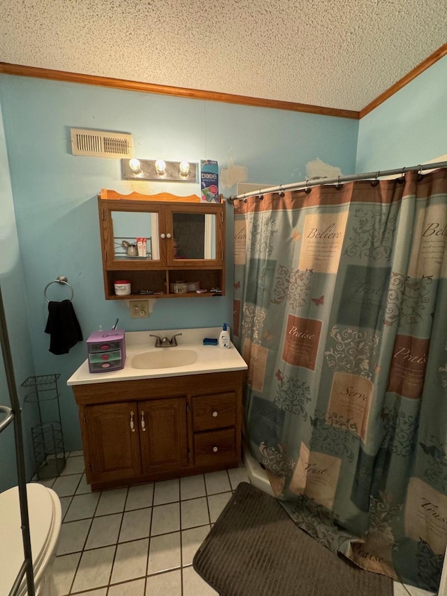 bathroom with tile patterned flooring, vanity, crown molding, a textured ceiling, and a shower with shower curtain