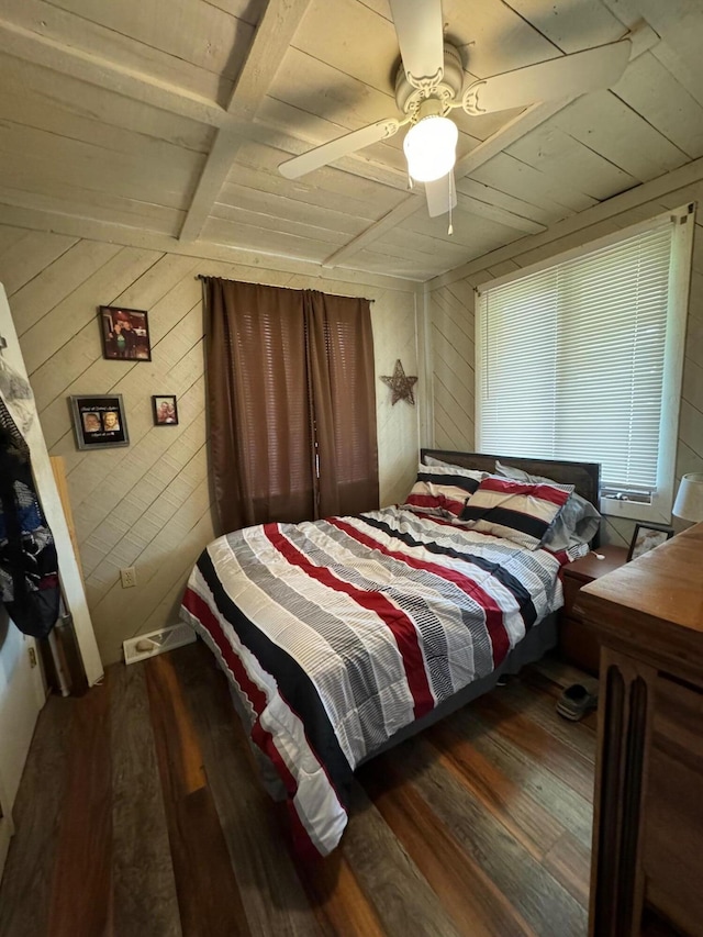 bedroom featuring hardwood / wood-style flooring, ceiling fan, wooden ceiling, and wood walls