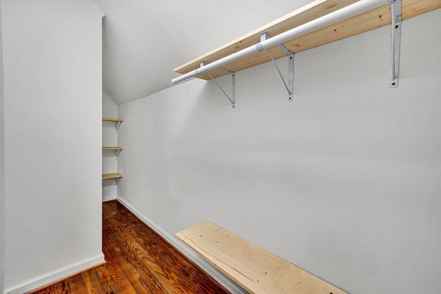 walk in closet with vaulted ceiling and dark hardwood / wood-style flooring