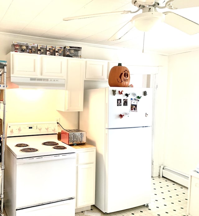 kitchen featuring white appliances, ceiling fan, baseboard heating, white cabinetry, and ornamental molding