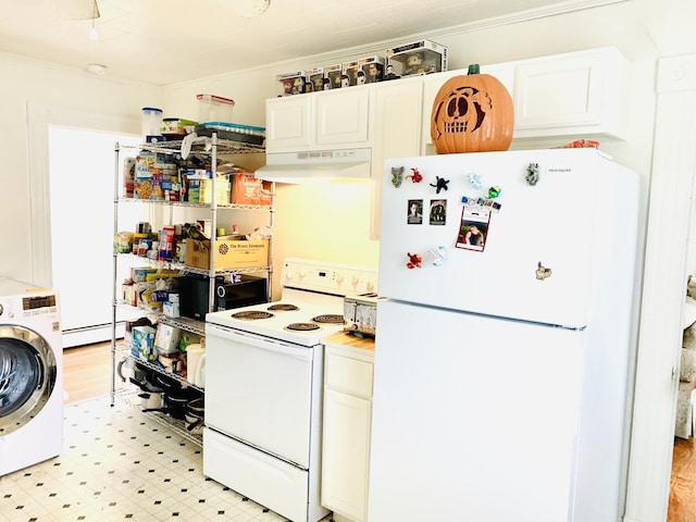 kitchen with washer / clothes dryer, white cabinetry, baseboard heating, crown molding, and white appliances