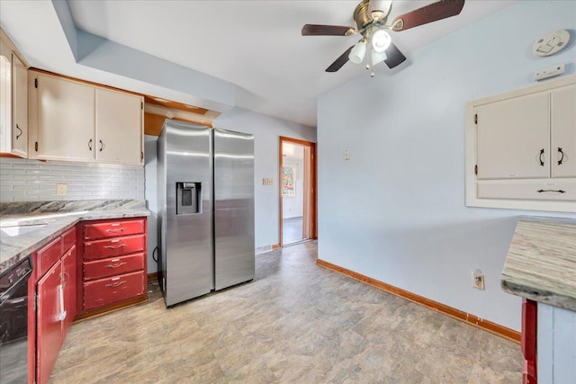 kitchen featuring decorative backsplash, cream cabinetry, ceiling fan, and stainless steel refrigerator with ice dispenser