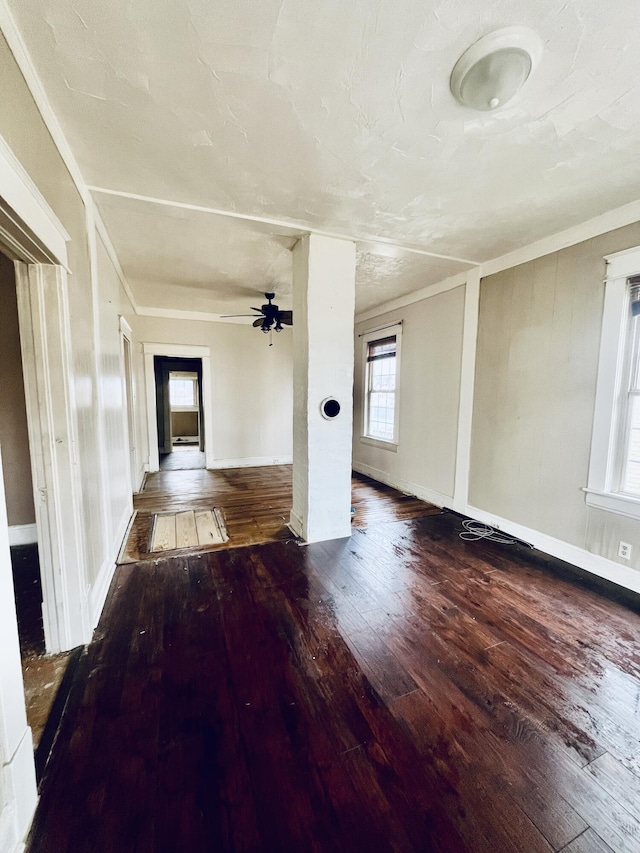 unfurnished living room with ornamental molding, dark wood-type flooring, and ceiling fan