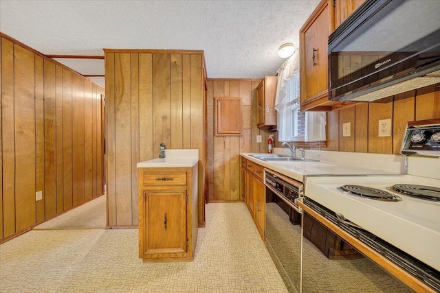 kitchen featuring sink, wood walls, a textured ceiling, and black appliances