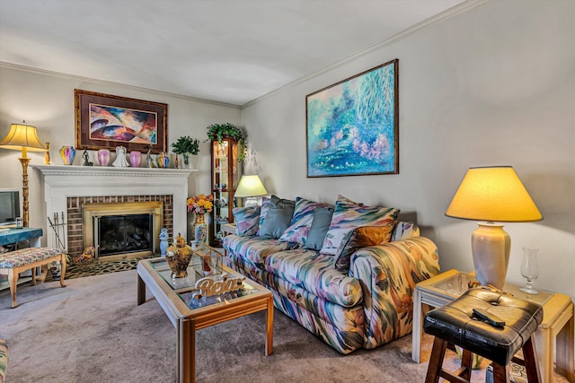 living room with crown molding, carpet floors, and a fireplace