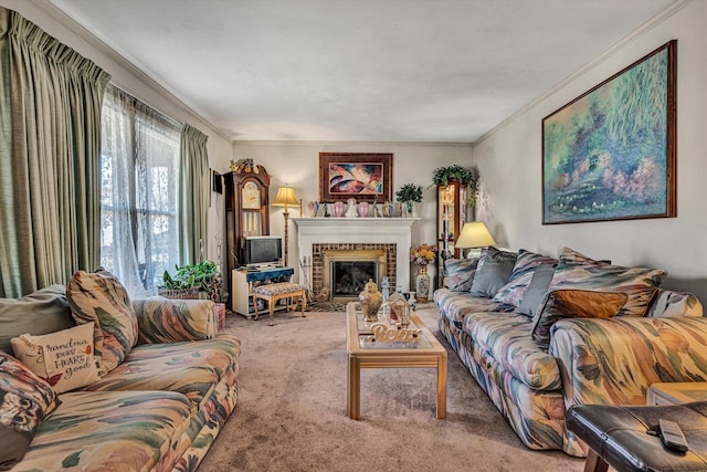 living room with ornamental molding, carpet, and a fireplace