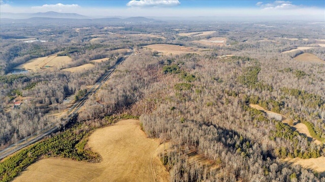 drone / aerial view featuring a mountain view and a forest view