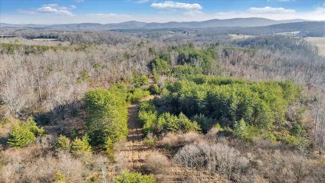 birds eye view of property featuring a mountain view and a view of trees