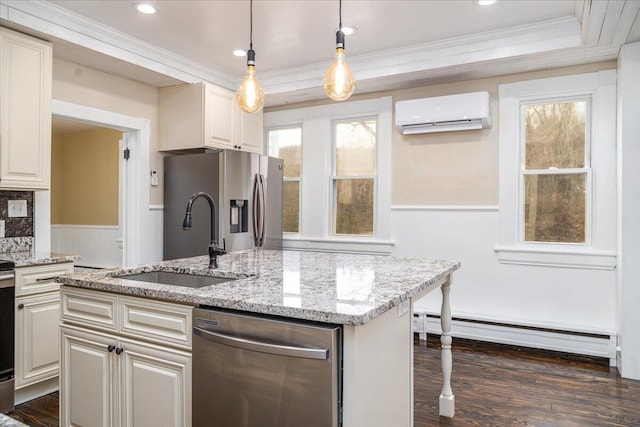 kitchen with appliances with stainless steel finishes, a wall mounted air conditioner, sink, light stone counters, and baseboard heating