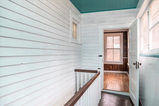 doorway featuring dark wood-type flooring and wood walls