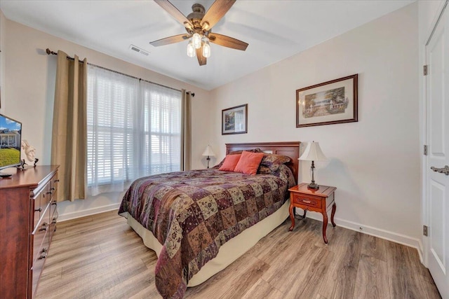 bedroom featuring ceiling fan and light wood-type flooring