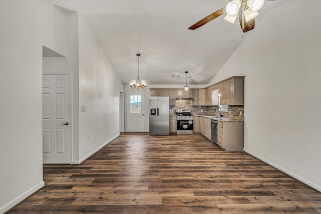 kitchen featuring sink, backsplash, hanging light fixtures, stainless steel appliances, and dark wood-type flooring