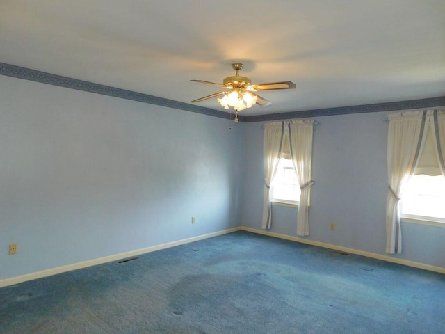 unfurnished room featuring carpet flooring and ceiling fan