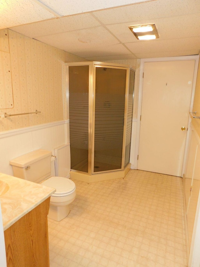 bathroom with vanity, an enclosed shower, and toilet