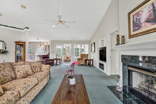 living room featuring ceiling fan, a high end fireplace, built in features, vaulted ceiling, and dark carpet