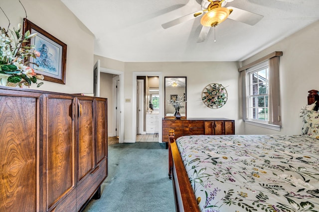 bedroom featuring carpet flooring and a ceiling fan