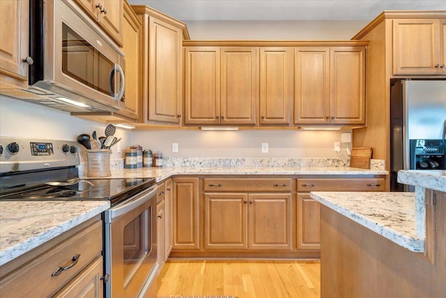 kitchen with light stone counters, stainless steel appliances, and light wood-type flooring