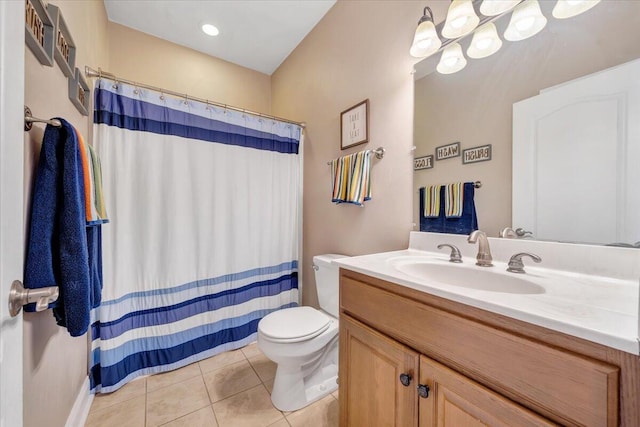 bathroom featuring walk in shower, tile patterned floors, toilet, and vanity