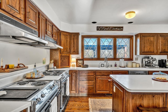 kitchen with dark wood-type flooring, stainless steel appliances, and sink