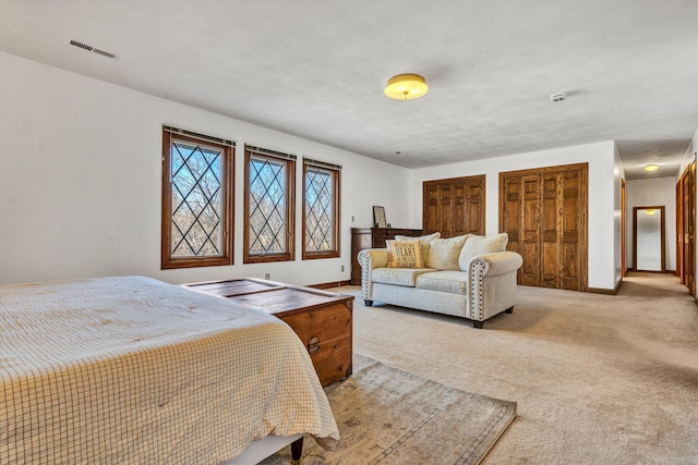 carpeted bedroom with multiple closets