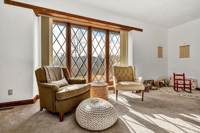 living area with plenty of natural light and carpet flooring