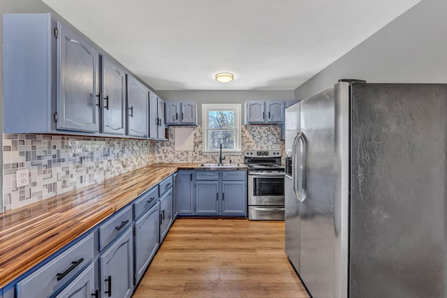 kitchen with sink, appliances with stainless steel finishes, butcher block counters, light hardwood / wood-style floors, and decorative backsplash