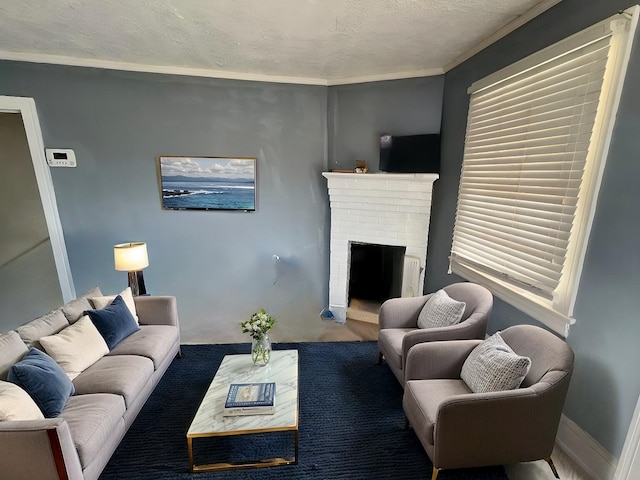 living room featuring a fireplace and a textured ceiling