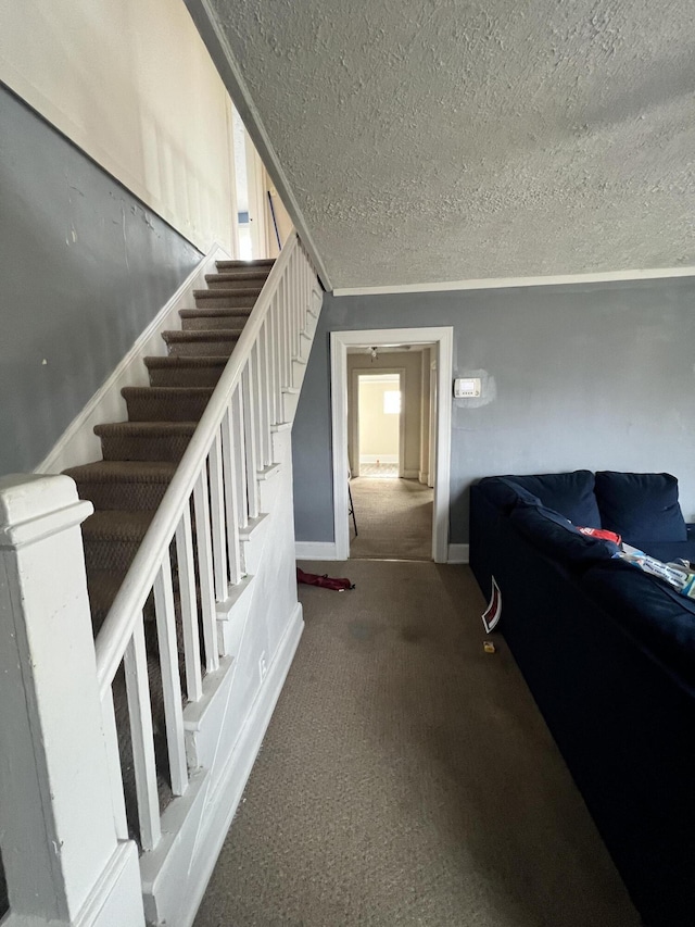 stairway featuring carpet flooring and a textured ceiling