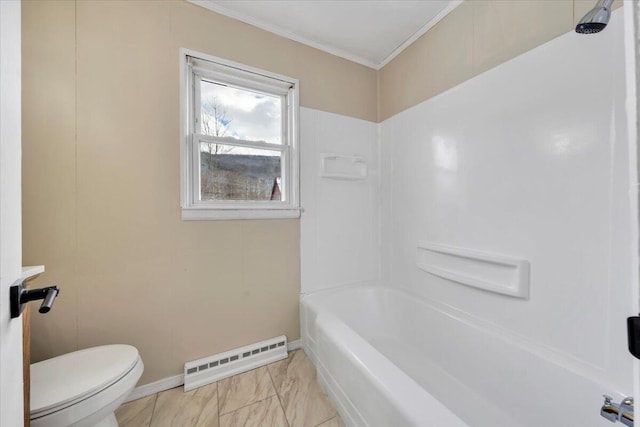 bathroom with crown molding, shower / bathtub combination, toilet, baseboard heating, and baseboards