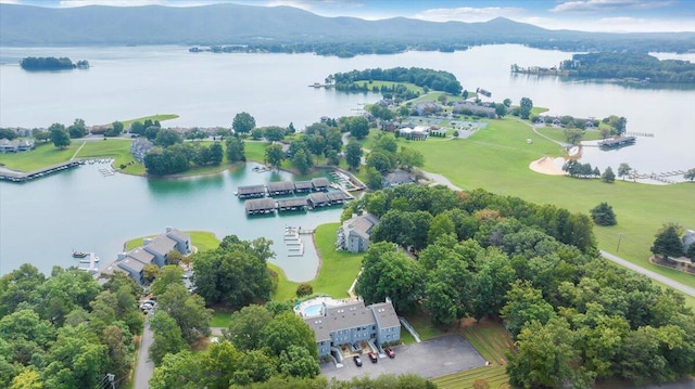 bird's eye view with a water and mountain view