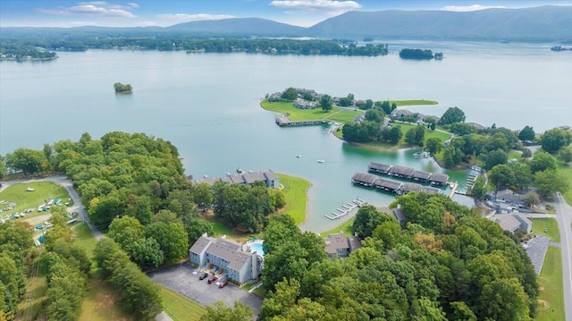 bird's eye view with a water and mountain view