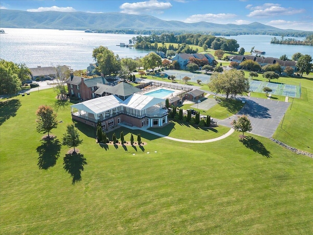 aerial view with a water and mountain view